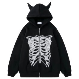 Gothic Devil Horn Skull Zip Up Hoodie