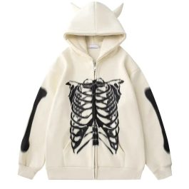 Gothic Devil Horn Skull Zip Up Hoodie